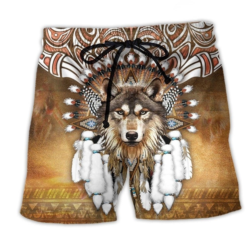 Southwestern Wolf King Feather Beach Shorts For Vacation Travel And Bright Summer Outfits