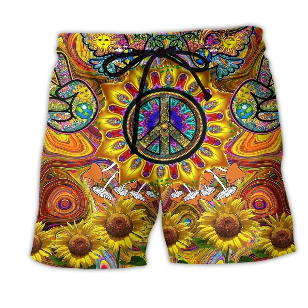 Hippie Sunflower Sunshine Beach Shorts Design Detail For Resort And Beach Day Style