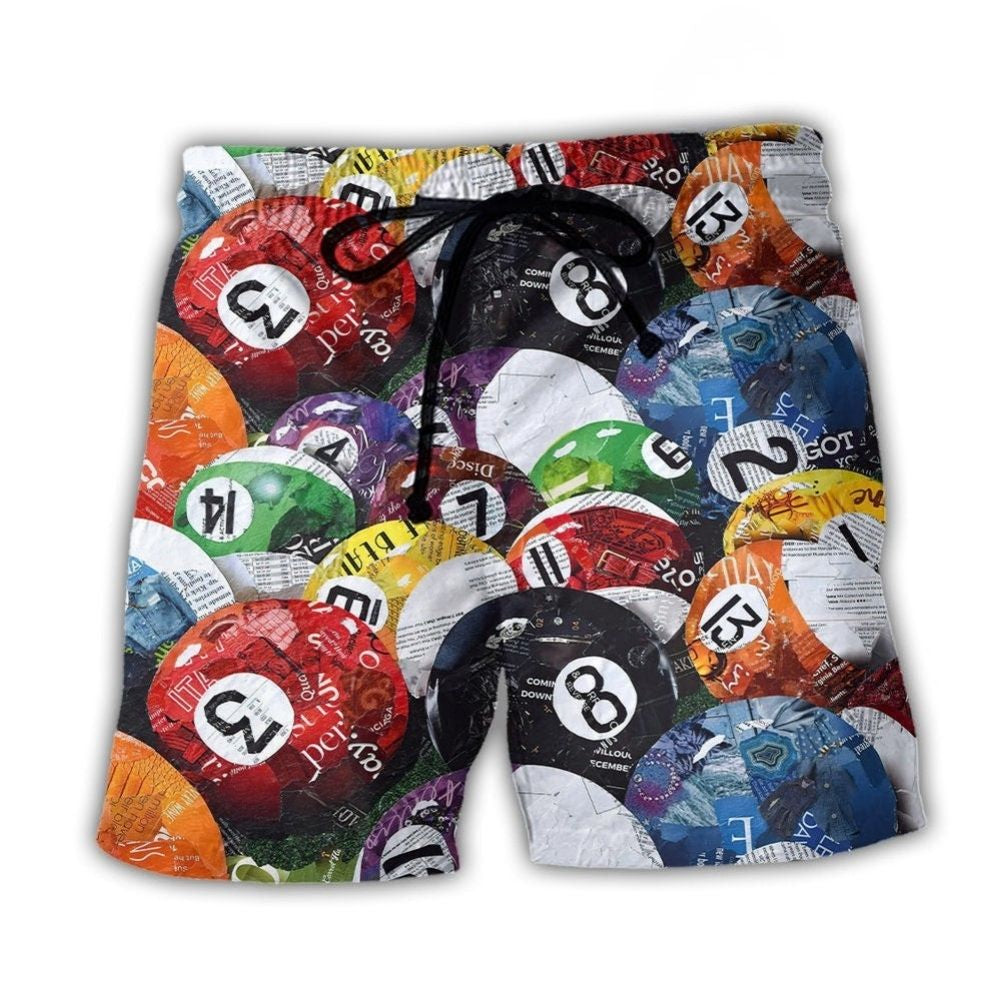 Classic Billiard Balls Pool Play Beach Shorts Artwork Detail For Comfortable Everyday Summer Wear