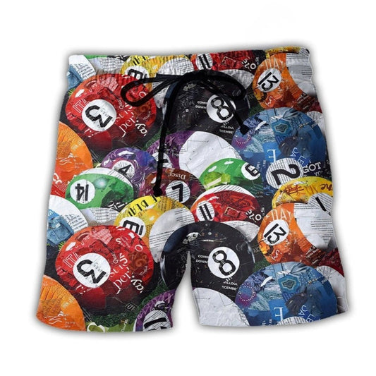 Classic Billiard Balls Pool Play Beach Shorts Artwork Detail For Comfortable Everyday Summer Wear