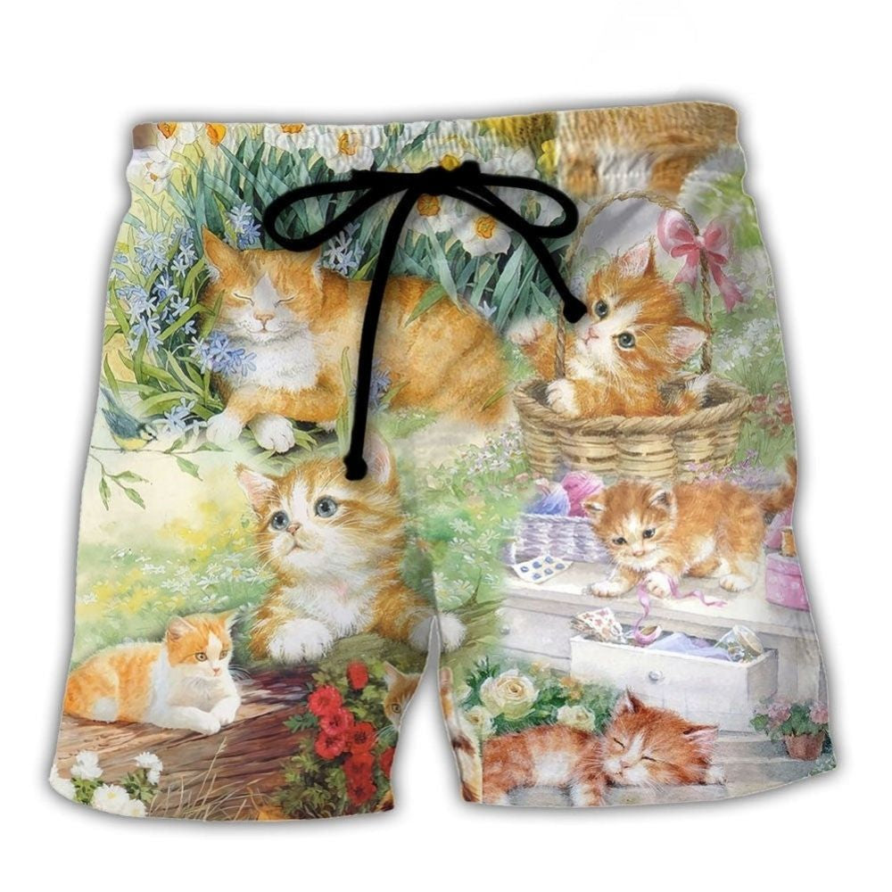 Artistic Cat Lover Beach Shorts Pattern Detail For Relaxed Warm Weather Outfits