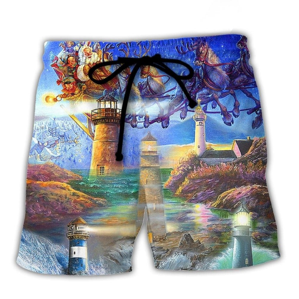 Lighthouse Shine Through Storm Beach Shorts Artwork Detail For Tropical Travel And Everyday Wear