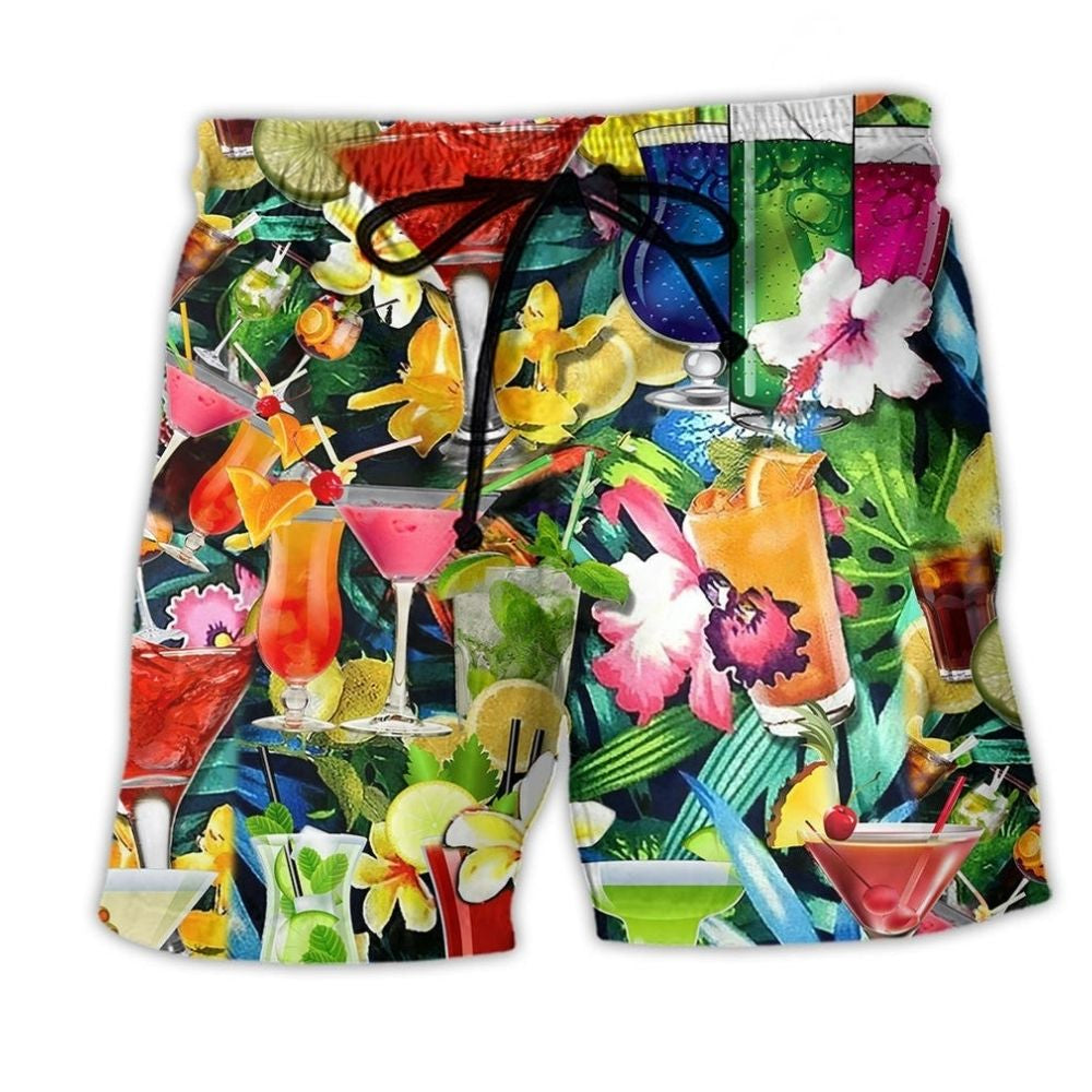 Cocktail And Flowers Beach Shorts Pattern View For Beach Days And Outdoor Parties