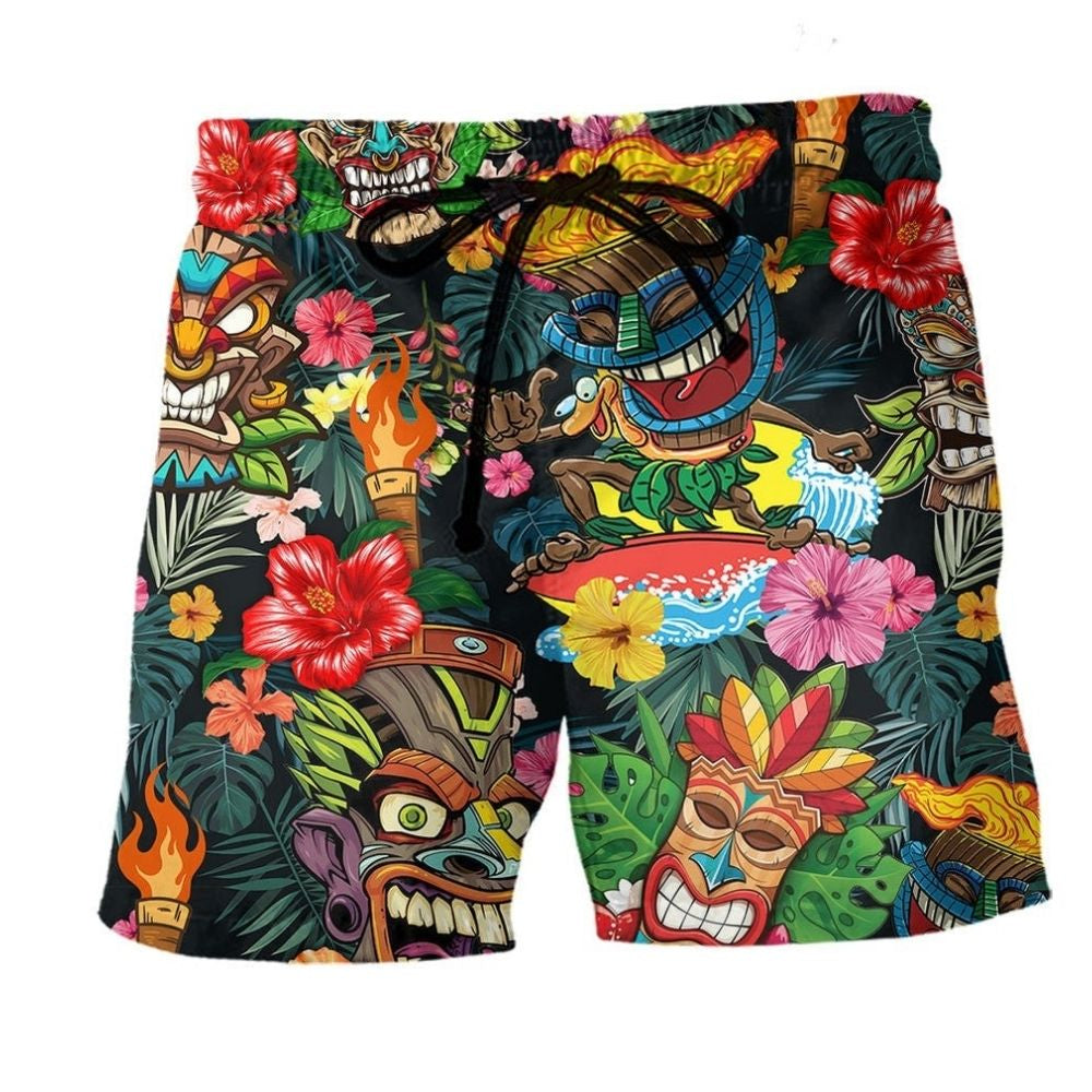 Tiki Hawaii Island Lover Beach Shorts Pattern View For Weekend Trips And Outdoor Activities