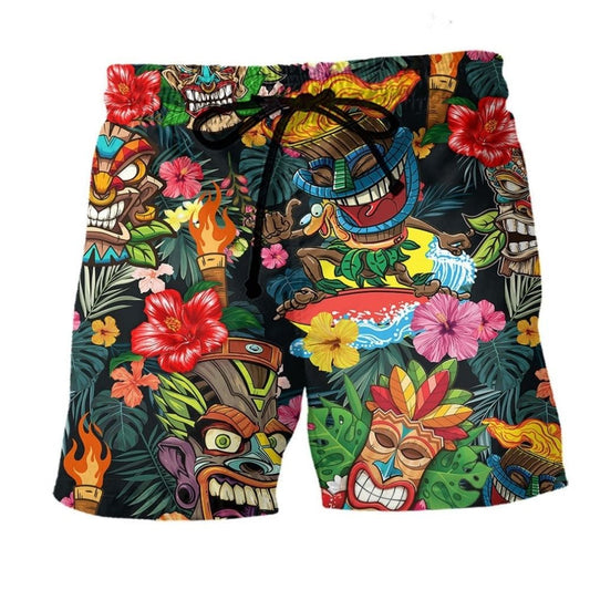 Tiki Hawaii Island Lover Beach Shorts Pattern View For Weekend Trips And Outdoor Activities