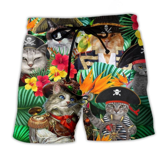 Pirate Cat Tropical Floral Beach Shorts For Sunny Day Getaways And Bright Summer Outfits