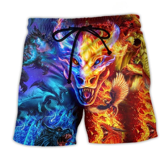 Dragon Fire And Water Fantasy Beach Shorts Pattern View For Coastal Holidays And Casual Activities