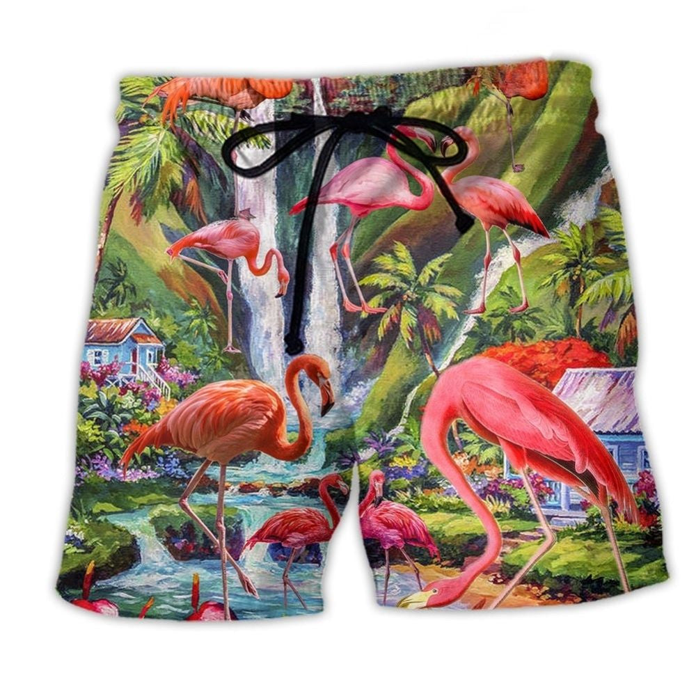 Flamingo Scenic Landscape Beach Shorts For Summer Vacations And Everyday Comfort