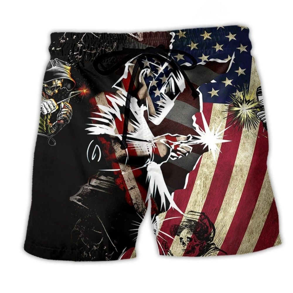 Welder Patriotic Beach Shorts Pattern View For Weekend Trips And Outdoor Activities