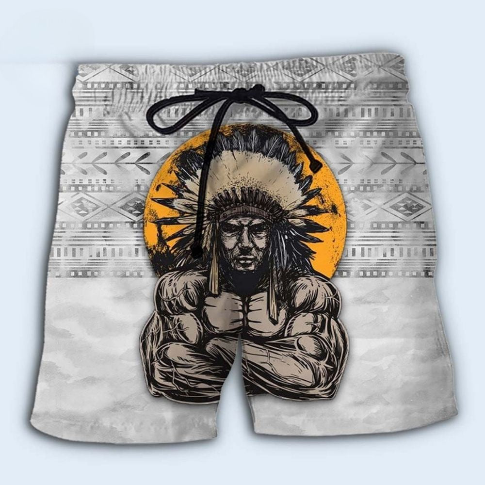 Native Human Strength Fierce Expression Beach Shorts Print Detail For Beach Activities And Vacation Wear