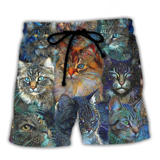 Colorful Glass Art Cat Lover Beach Shorts Artwork Detail For Comfortable Everyday Summer Wear