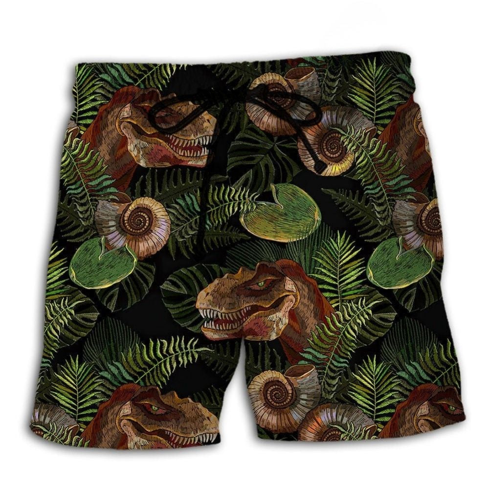 Dinosaur With Tropical Green Leaves Beach Shorts Pattern View For Coastal Holidays And Casual Activities