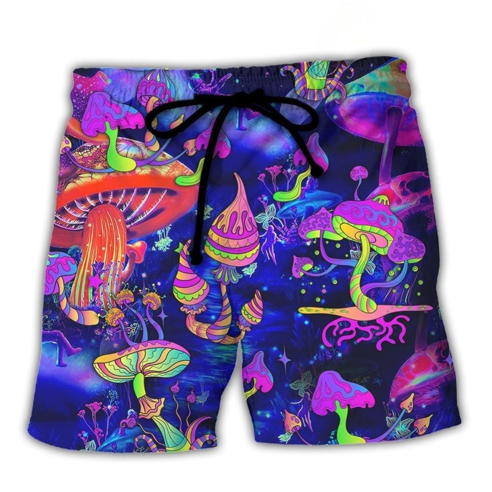 Neon Galaxy Hippie Mushroom Beach Shorts Pattern Detail For Relaxed Warm Weather Outfits