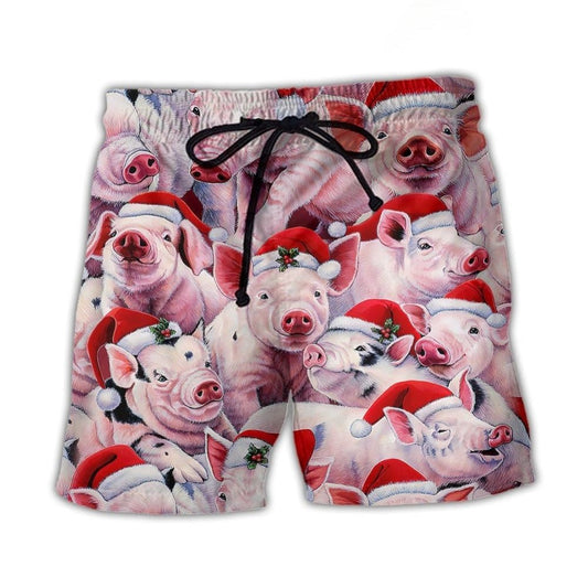 Funny Christmas Piggies Holiday Beach Shorts Artwork Detail For Comfortable Everyday Summer Wear