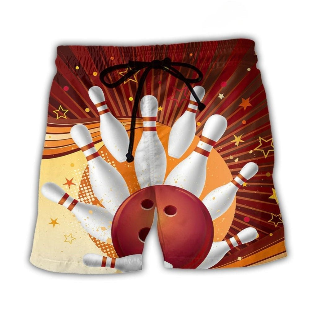 Retro Bowling Strike Game Beach Shorts Pattern Detail For Sunny Outdoor Activities