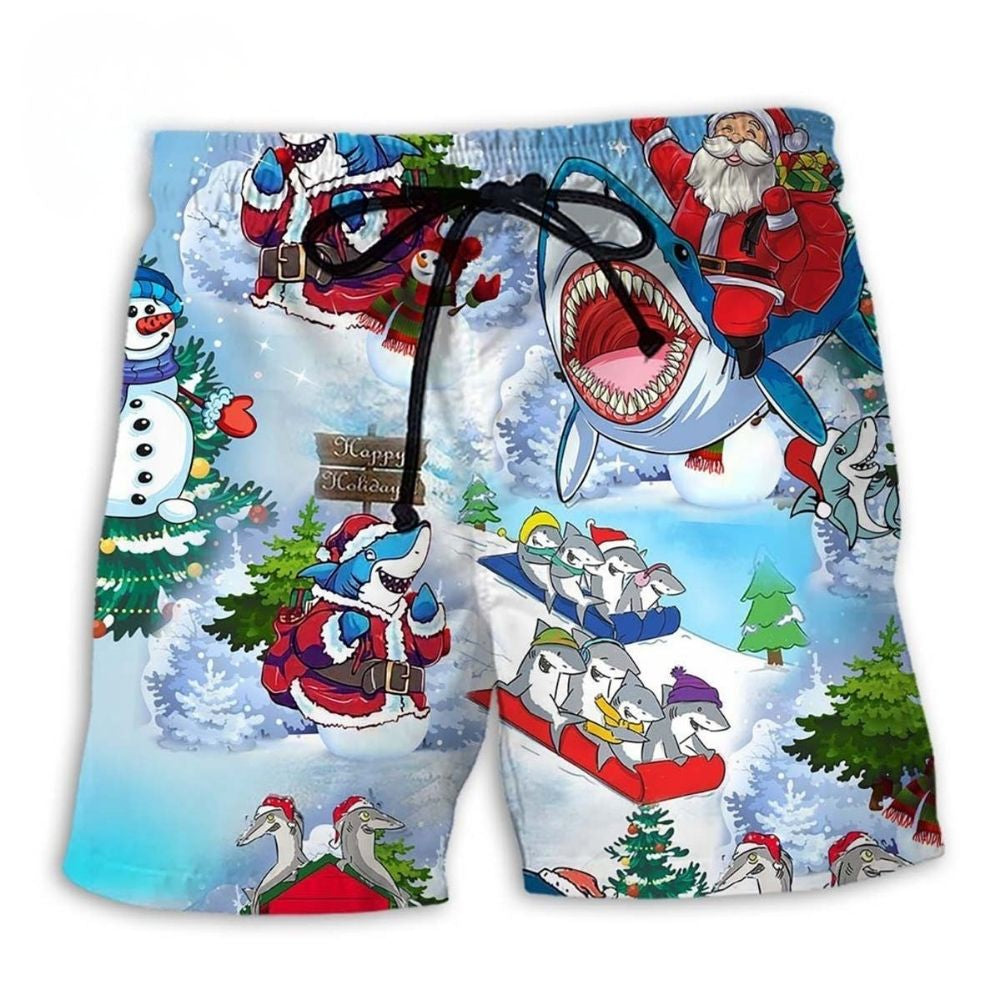Shark Santa Merry Christmas Fun Beach Shorts Design Detail For Casual Warm Weather Outfits