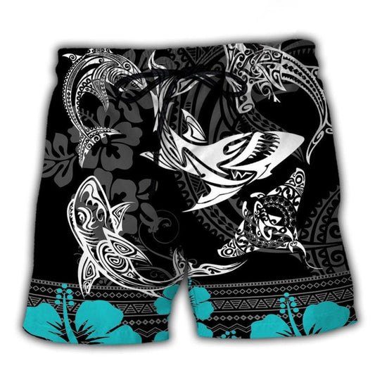Blue Ocean Shark Pattern Beach Shorts Design View For Poolside Relaxation And Holiday Trips