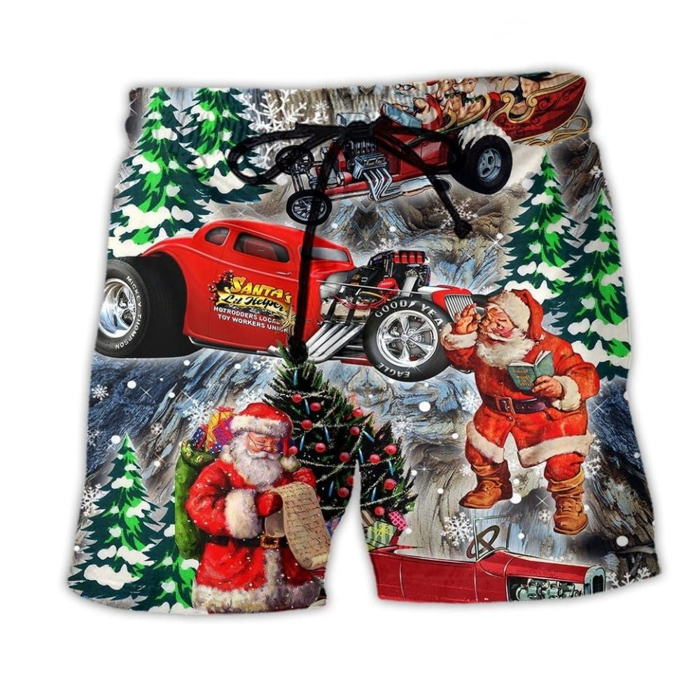 Hot Rod Christmas Beach Shorts Pattern View For Relaxed Vacation Styling