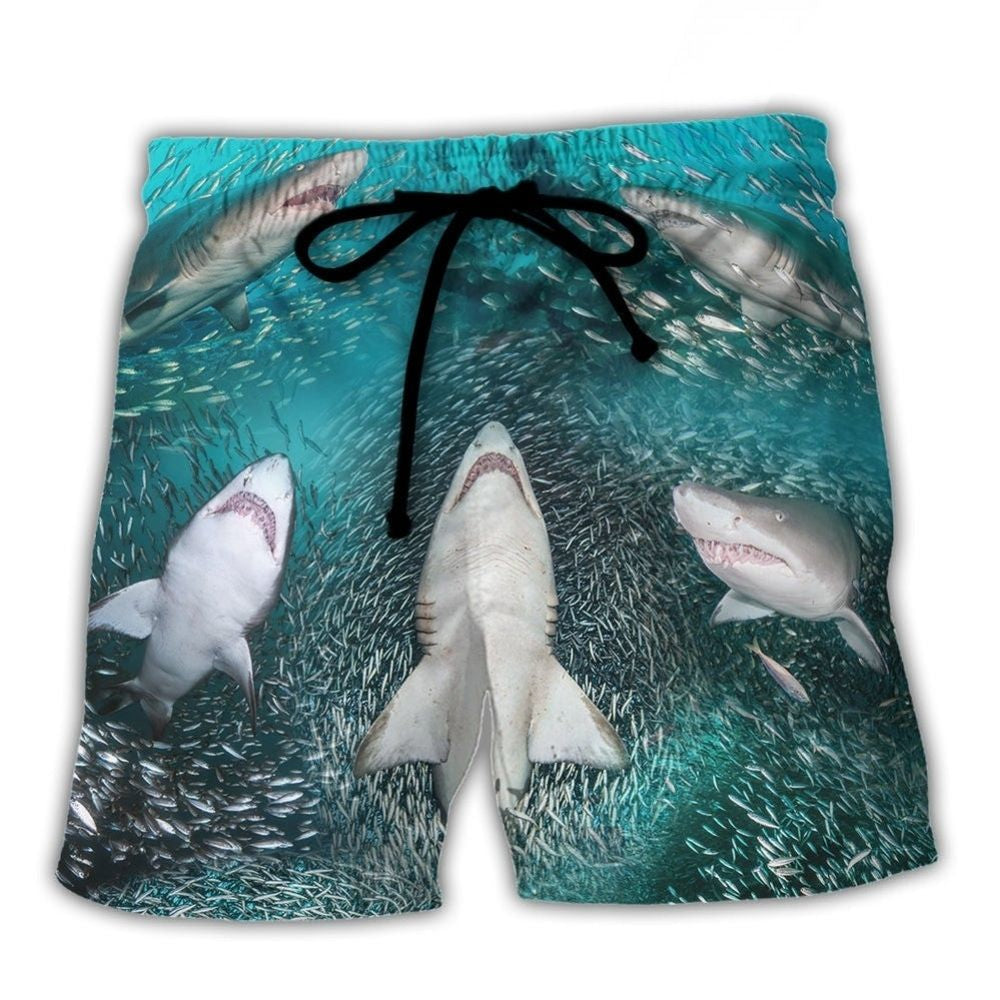 Shark Feeding Frenzy Ocean Life Beach Shorts Design View For Summer Events And Coastal Getaways