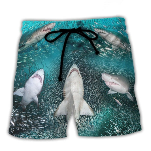 Shark Feeding Frenzy Ocean Life Beach Shorts Design View For Summer Events And Coastal Getaways
