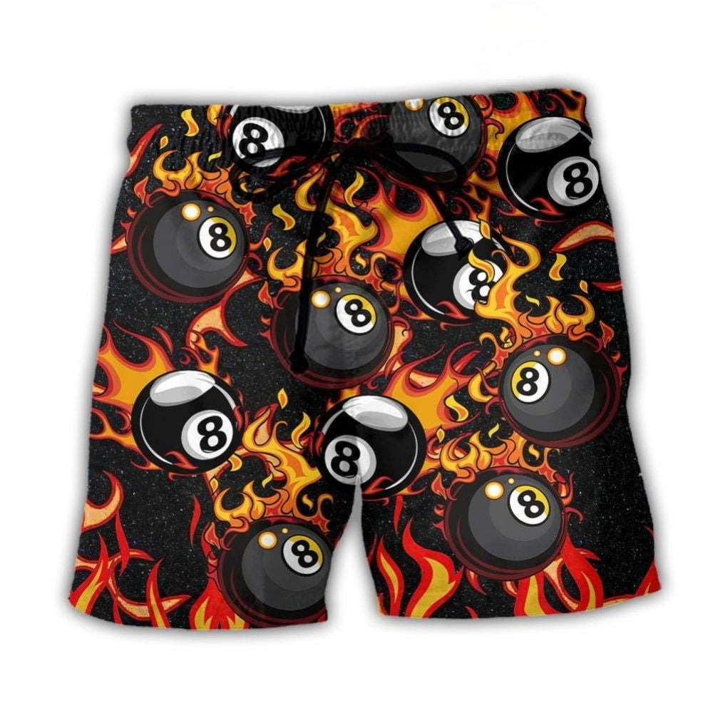 Eight Ball Fire Flame Billiard Beach Shorts Pattern View For Resort Days And Outdoor Activities