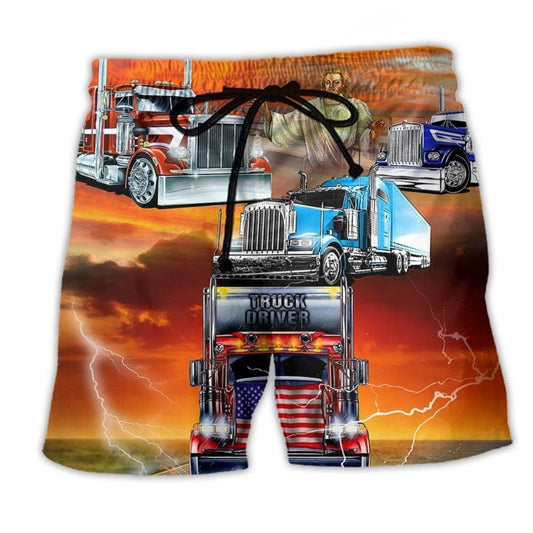 Truck Driver Blessed Beach Shorts Pattern View For Weekend Trips And Outdoor Activities