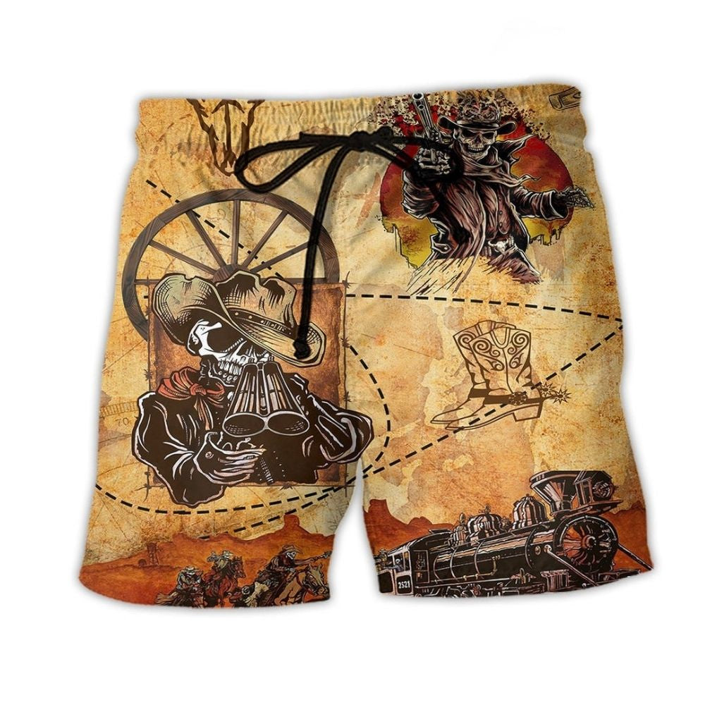 Cowboy Skull Beach Shorts Pattern View For Weekend Trips And Outdoor Activities