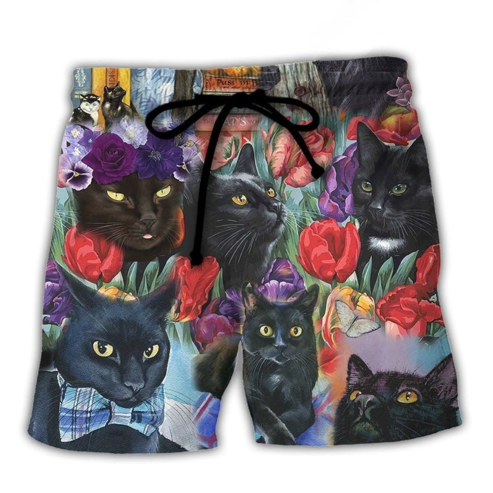 Black Cat Floral Artistic Beach Shorts Artwork Detail For Comfortable Everyday Summer Wear