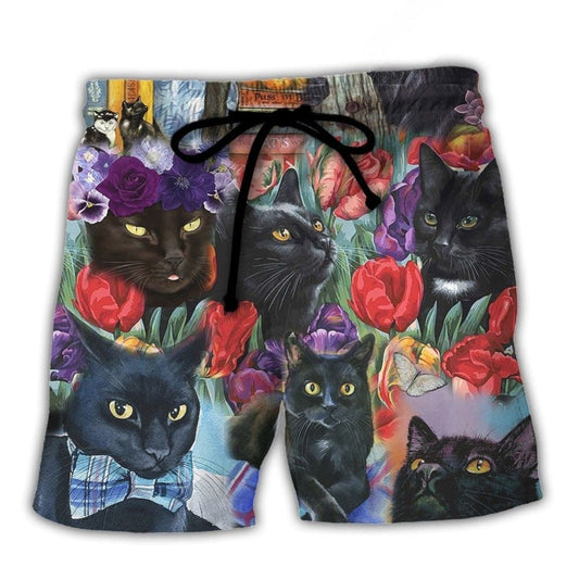 Black Cat Floral Artistic Beach Shorts Artwork Detail For Comfortable Everyday Summer Wear