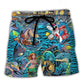 Underwater Shark Bar Scene Beach Shorts Artwork Detail For Comfortable Everyday Summer Wear