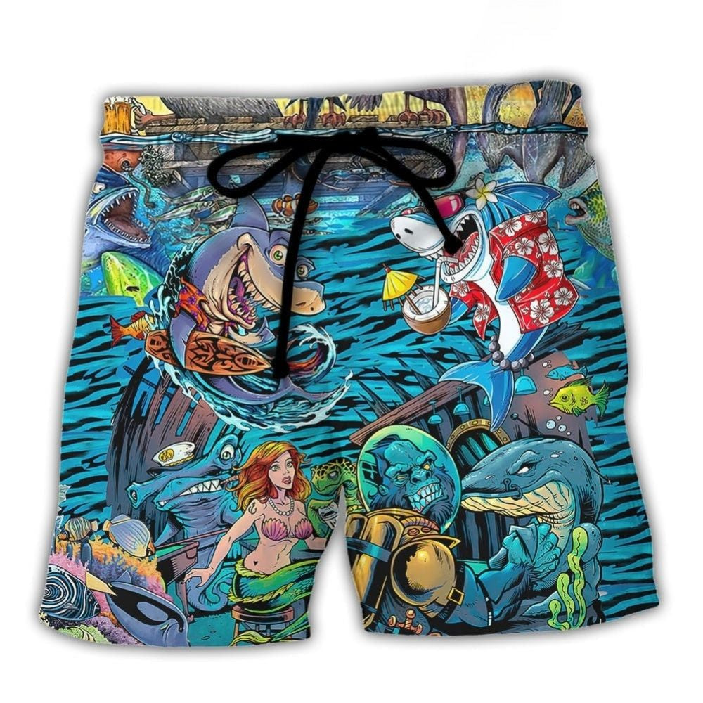 Underwater Shark Bar Scene Beach Shorts Artwork Detail For Comfortable Everyday Summer Wear