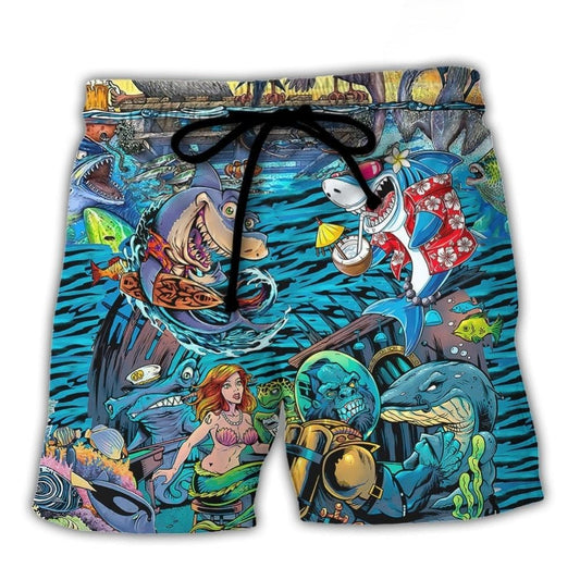 Underwater Shark Bar Scene Beach Shorts Artwork Detail For Comfortable Everyday Summer Wear