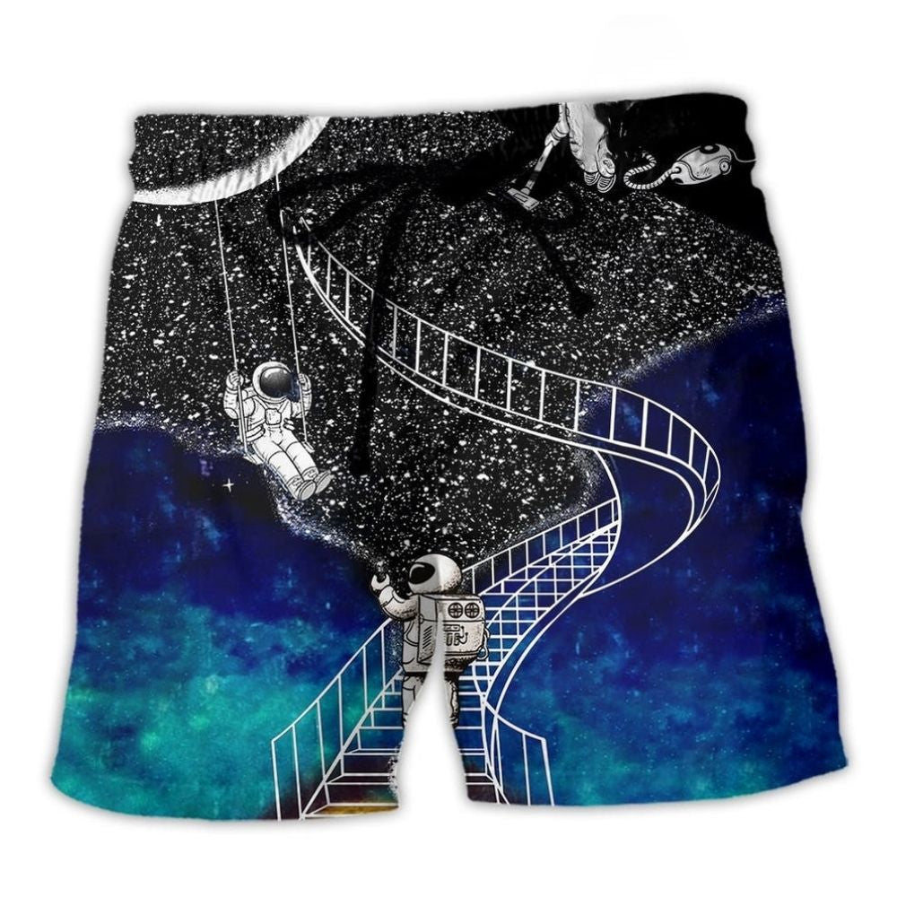 Galaxy Astronaut Climbing Moon Beach Shorts For Coastal Adventures And Everyday Comfort