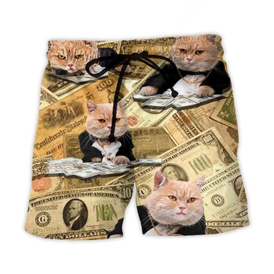 Vintage Money Cat Fun Beach Shorts Design Detail For Casual Warm Weather Outfits