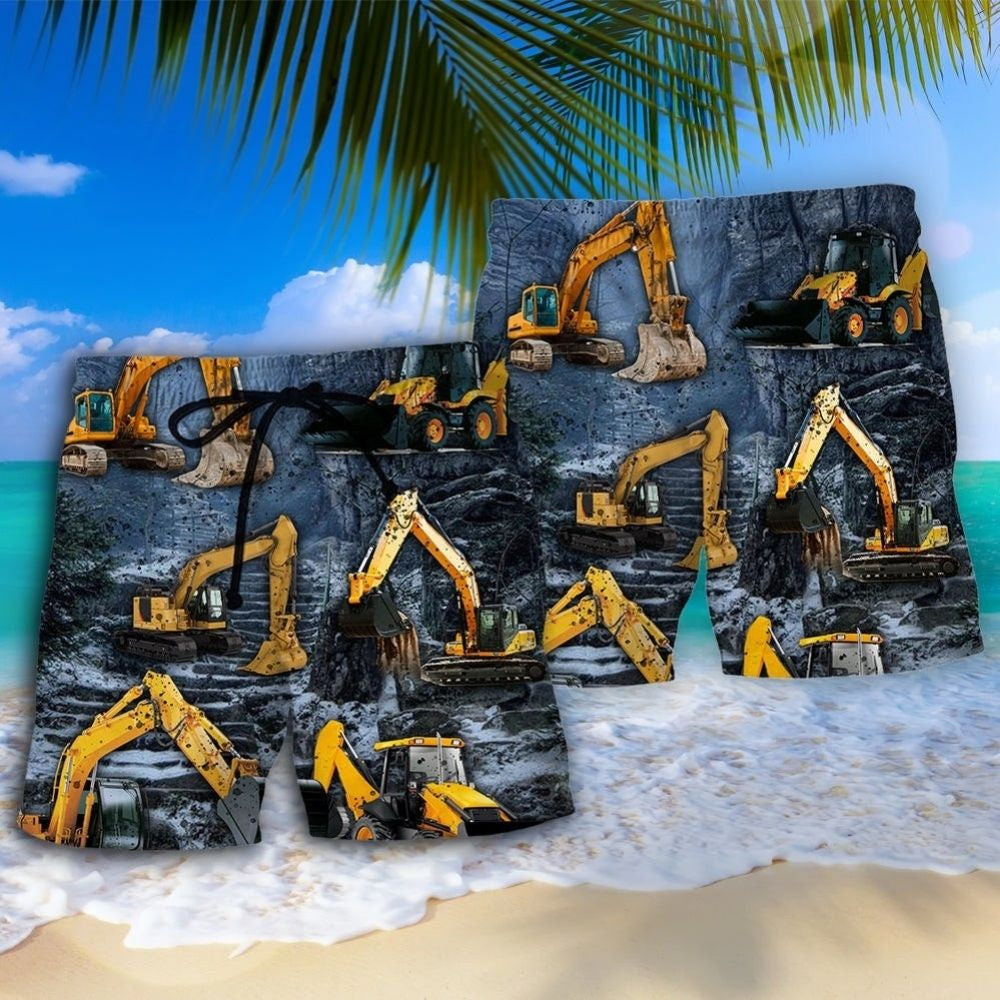 Powerful Excavator Construction Beach Shorts For Resort Travel And Thoughtful Summer Gifting