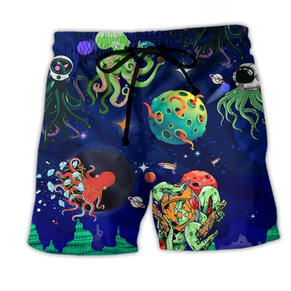 Astronaut Octopus Galaxy Beach Shorts For Weekend Escapes And Easygoing Coastal Style
