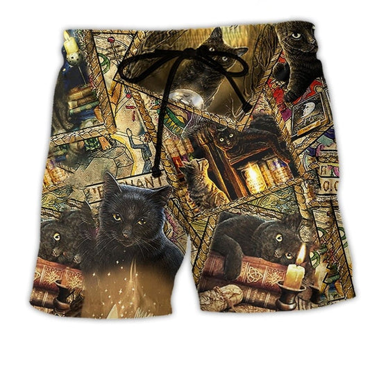 Black Cat Magic Retro Beach Shorts Pattern Detail For Sunny Outdoor Activities