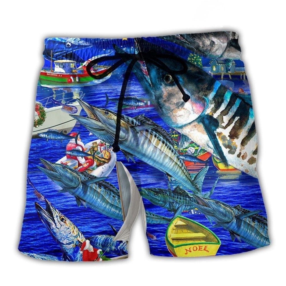 Fishing Ocean Blue Christmas Night Beach Shorts Artwork Detail For Tropical Travel And Everyday Wear