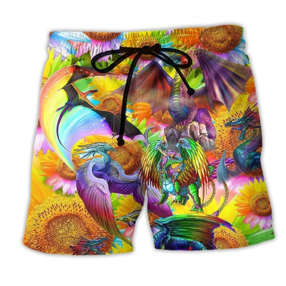 Rainbow Equality Pride Dragon Sunflower Beach Shorts For Beach Days And Lightweight Summer Style