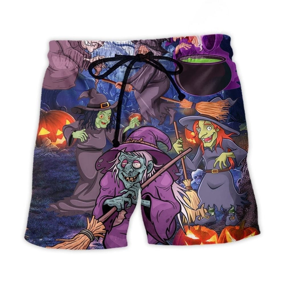 Funny Witch Pumpkin Magic Forest Beach Shorts Pattern View For Resort Days And Outdoor Activities