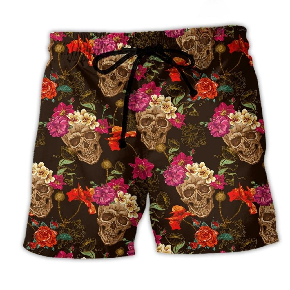 Sugar Skull Flower Vibrant Beach Shorts For Coastal Adventures And Relaxed Casual Style