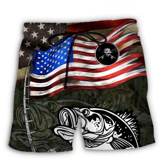 Fishing USA Flag Retro Beach Shorts For Summer Vacation And Coastal Travel