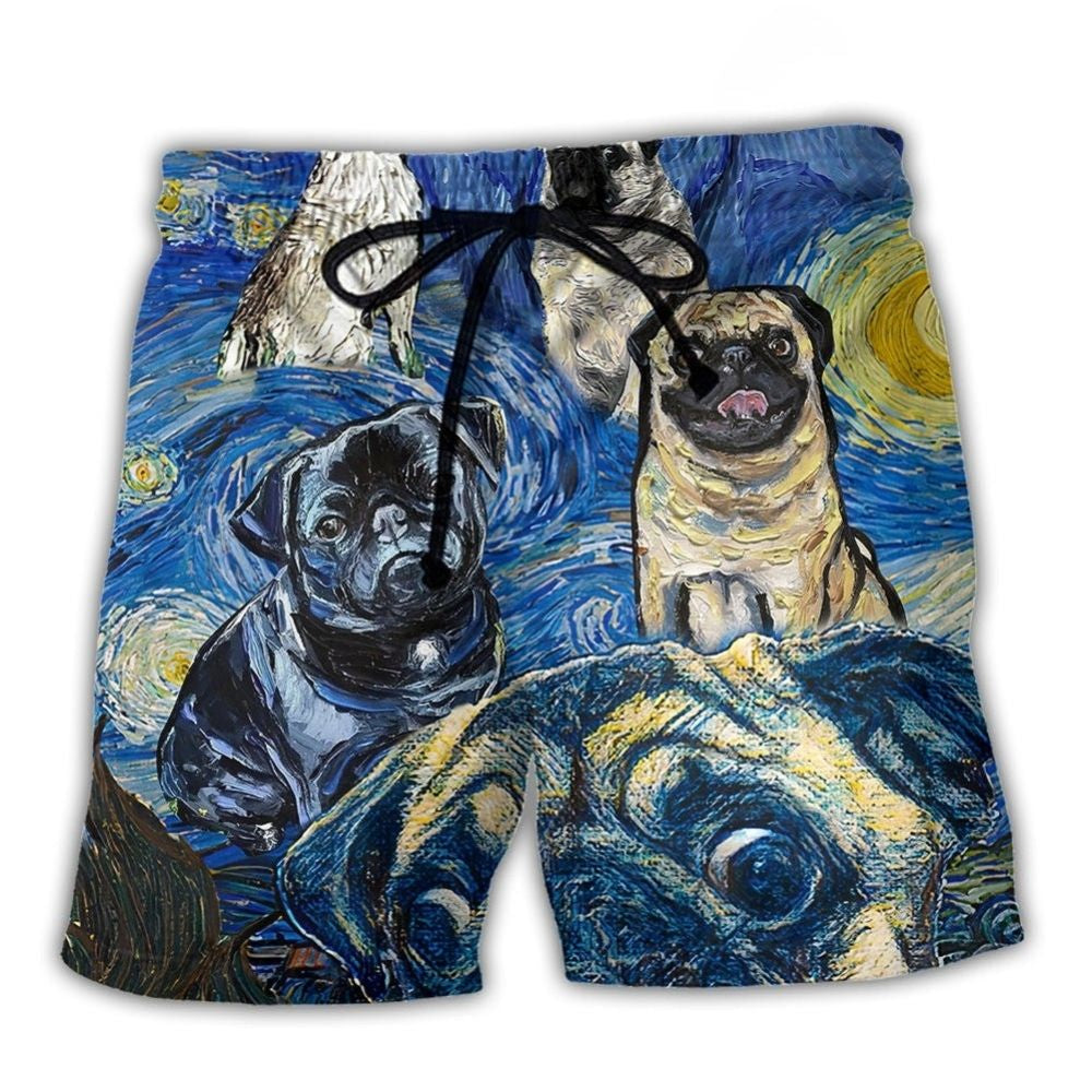 Cute Pug Dog Starry Night Beach Shorts For Warm Weather Travel And Everyday Comfort