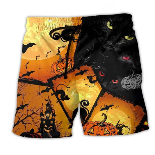 Halloween Black Cat Yellow Eyes Beach Shorts Artwork Detail For Coastal Festival Trips