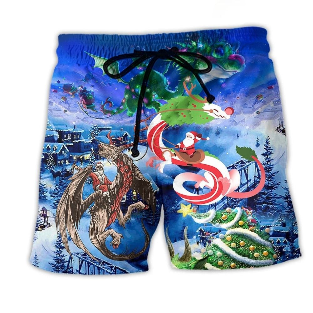 Christmas Santa Riding Dragon Fantasy Beach Shorts Pattern View For Coastal Holidays And Casual Activities
