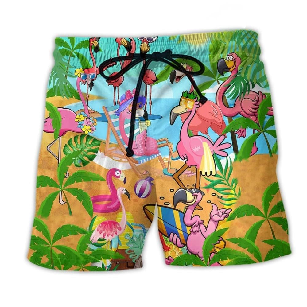 Flamingo Let's Get Flocked Up Beach Shorts Artwork Detail For Poolside And Ocean Adventures