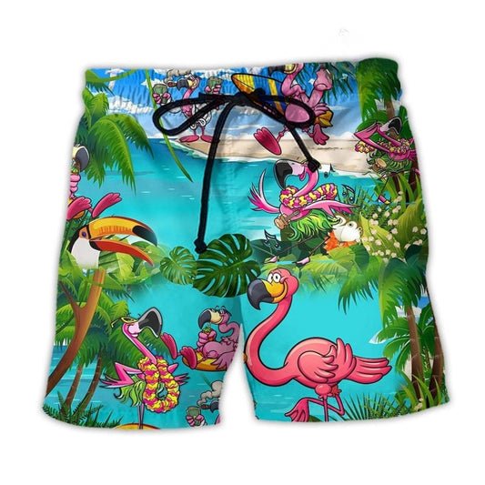 Flamingo Chill Tropical Beach Shorts For Vacation Travel And Weekend Casual Style