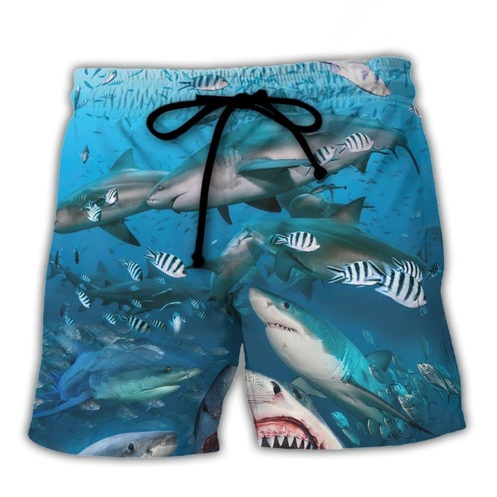 Sharks Hunting Together Ocean Life Beach Shorts Design Detail For Casual Warm Weather Outfits