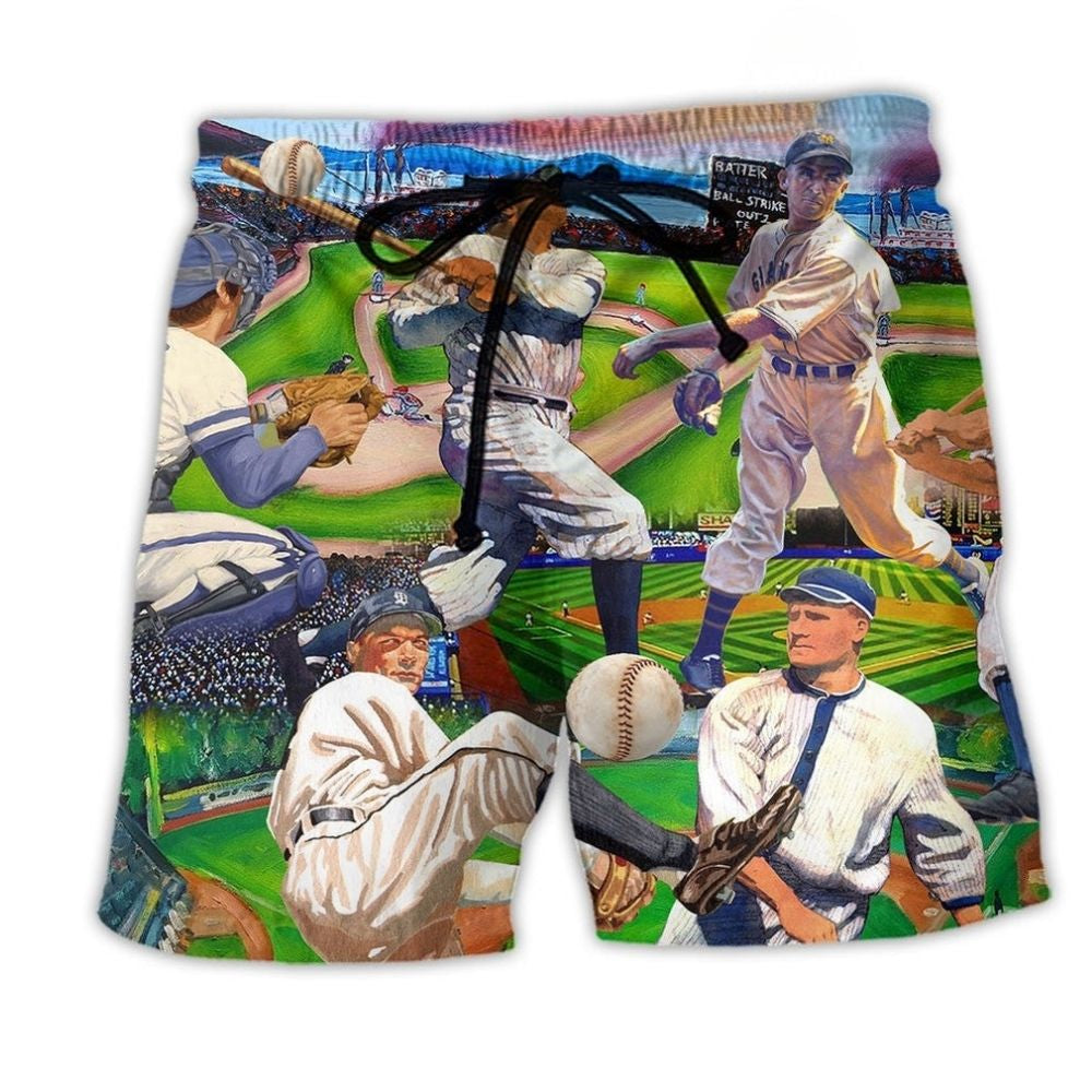 Vintage Baseball Players Classic Beach Shorts Artwork Detail For Tropical Travel And Everyday Wear