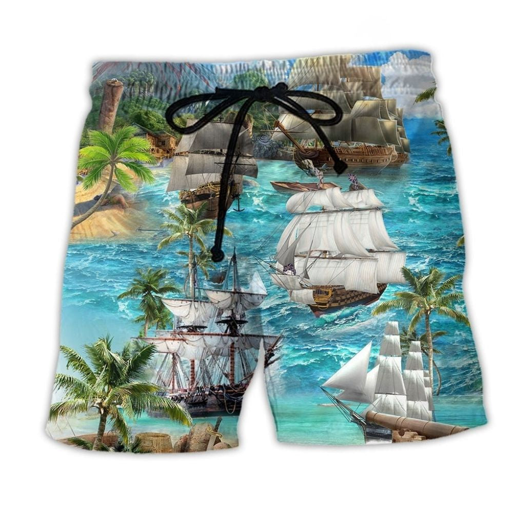 Sailing Ship Ocean Adventure Beach Shorts Pattern View For Weekend Trips And Outdoor Activities